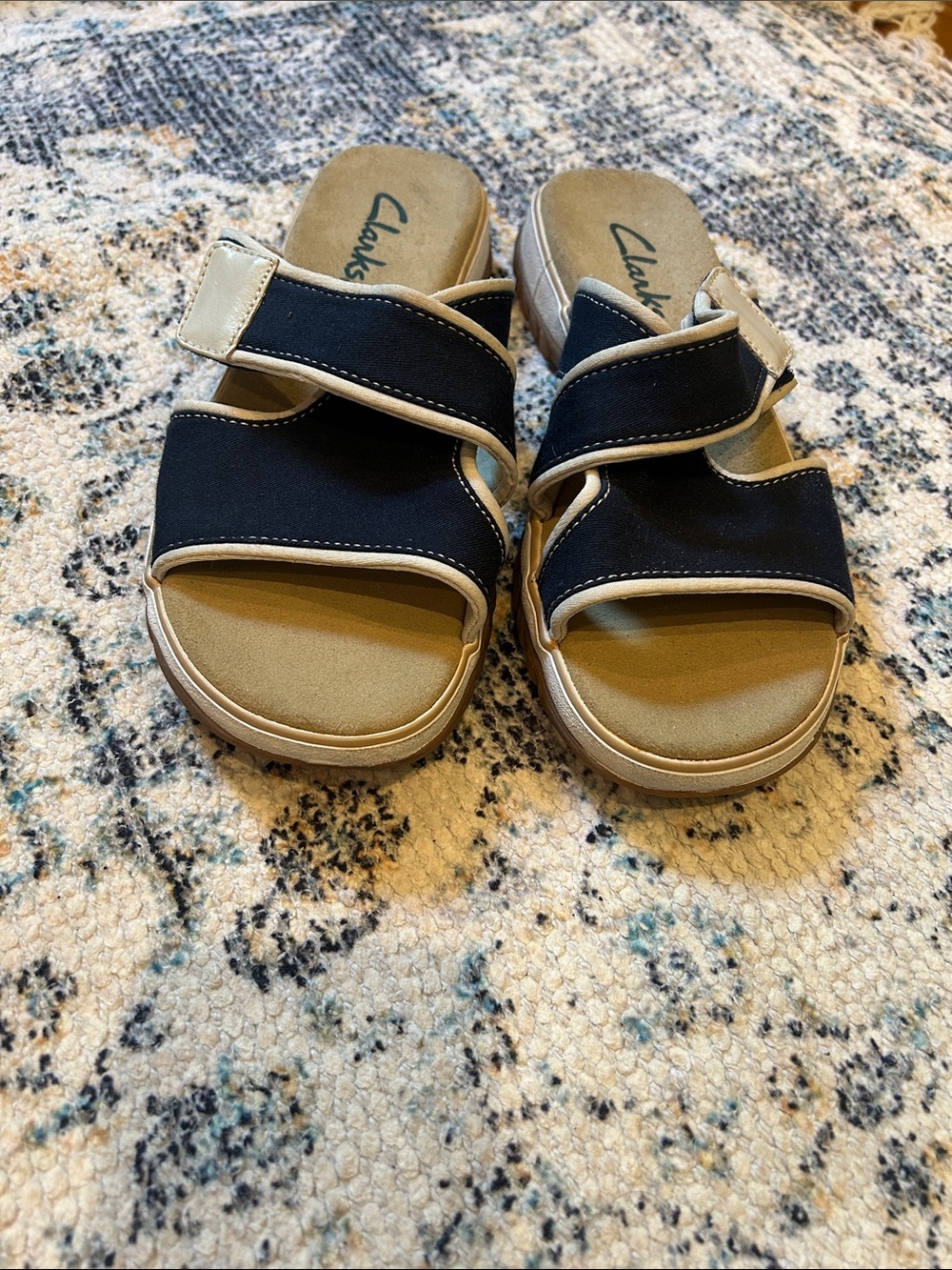 Clarks Navy and Tan Velcro Strap Comfort Sandals